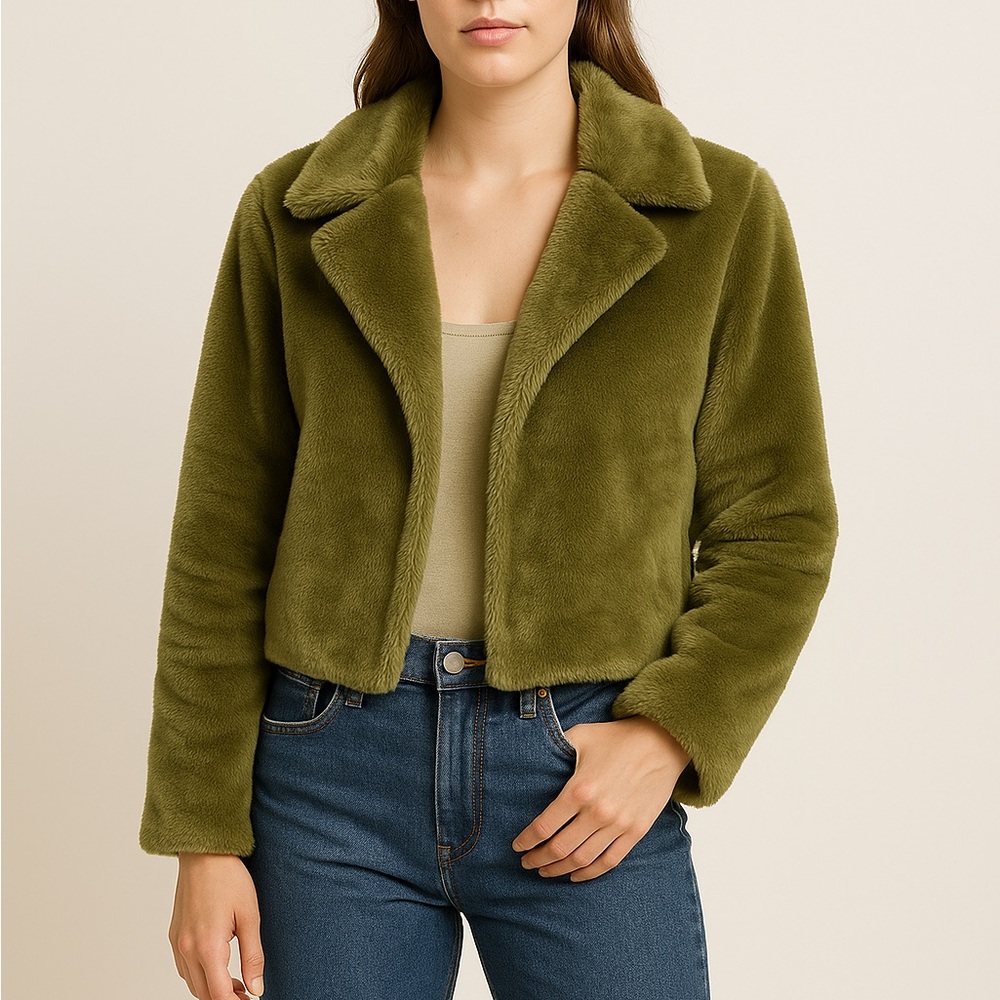 Olive Green Faux Fur Cropped Coat – XL